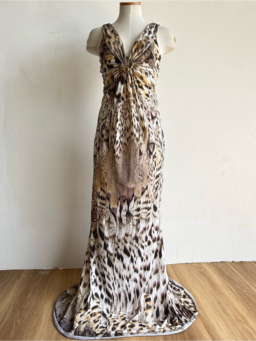 Roberto Cavalli Leopard-Pattern gown dress  SZ 40 Beige Brown snake gold ring